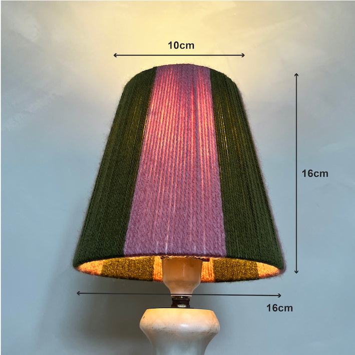 A Slice Shades lampshade lit with a green and pink vertical striped pattern, shown with dimension lines indicating a width of 10cm, height of 16cm, and base diameter of 16cm.