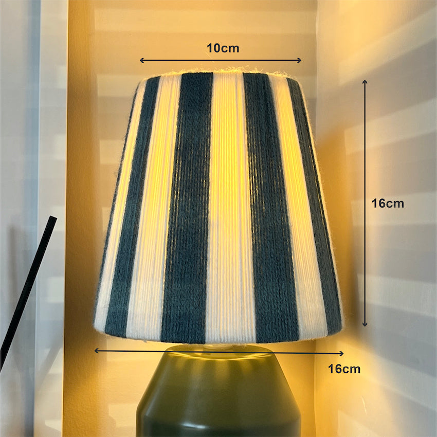 A Slice Shades striped yarn lampshade with vertical blue and ecru stripes, shown with dimension markers indicating a height of 16cm, top width of 10cm, and base diameter of 16cm.